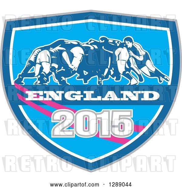 Vector Clip Art of Retro Rugby Union Players in a Scrum in a Blue White and Pink England 2015 Shield