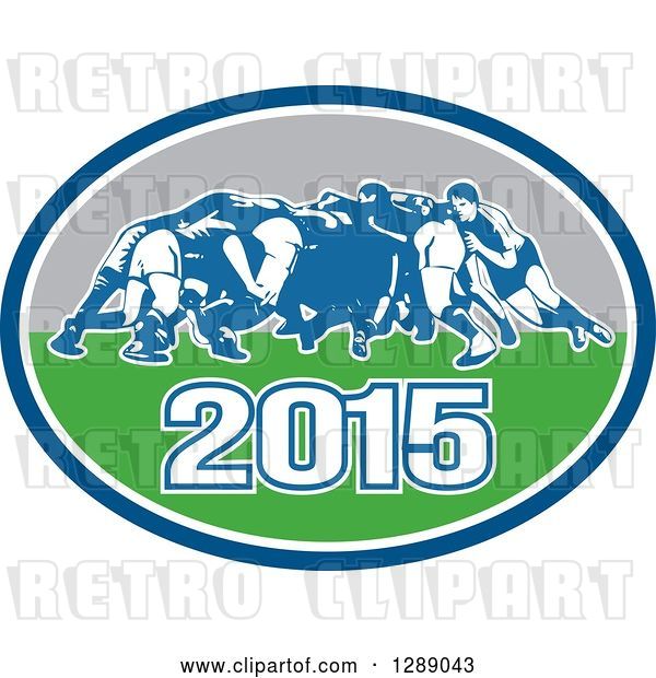 Vector Clip Art of Retro Rugby Union Players in a Scrum in a Blue White Turquoise and Gray 2015 Oval