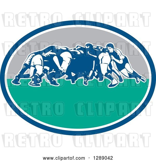 Vector Clip Art of Retro Rugby Union Players in a Scrum in a Blue White Turquoise and Gray Oval