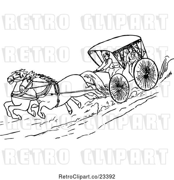 Vector Clip Art of Retro Running Horses and Carriage