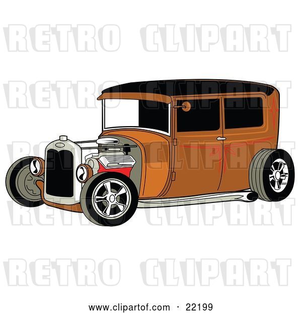 Vector Clip Art of Retro Rust Brown Rat Rod Car with a Black Roof, Red Accents and Chrome Wheels