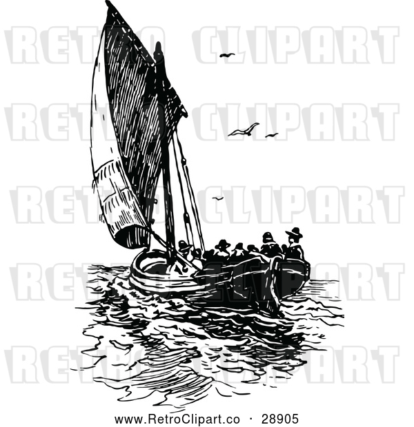 Vector Clip Art of Retro Sailboat with Passengers
