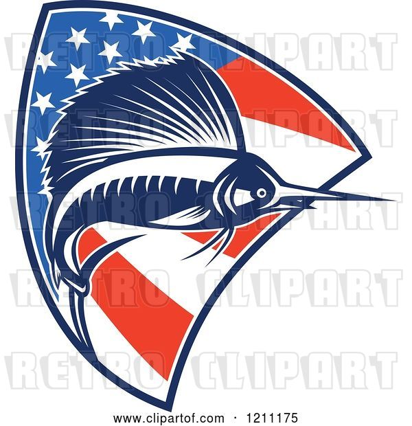 Vector Clip Art of Retro Sailfish Leaping over an American Flag Shield