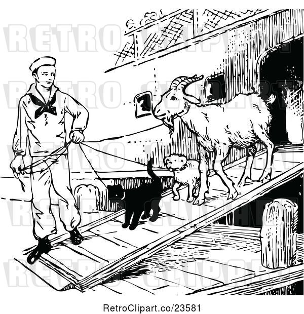 Vector Clip Art of Retro Sailor Debarking a Ship with a Goat Cat and Dog