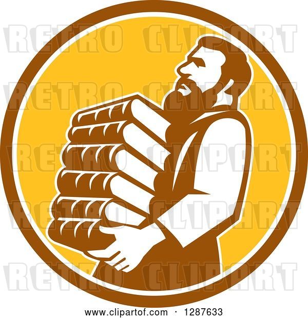 Vector Clip Art of Retro Saint Jerome Carrying a Stack of Books in a Brown White and Yellow Circle