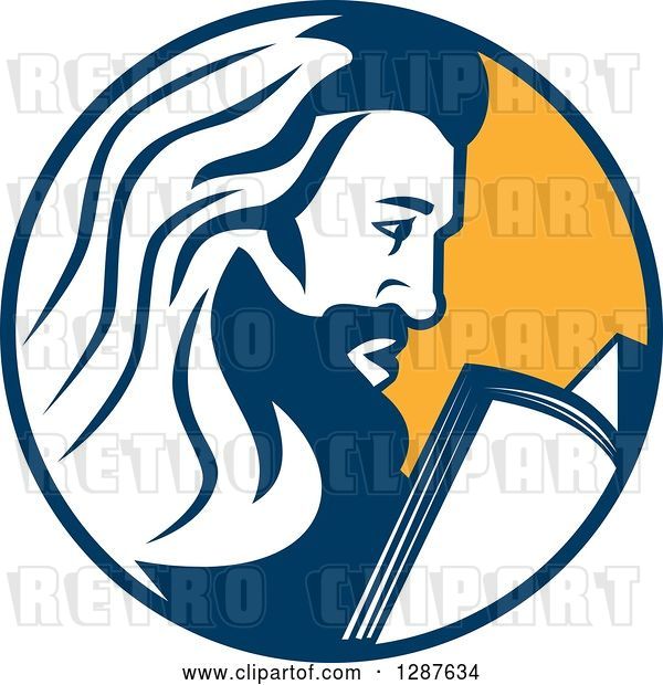 Vector Clip Art of Retro Saint Jerome Reading a Book in a Blue and Yellow Circle
