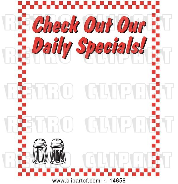 Vector Clip Art of Retro Salt and Pepper Shakers and Text Reading "Check out Our Daily Specials!" Borderd by Red Checkers