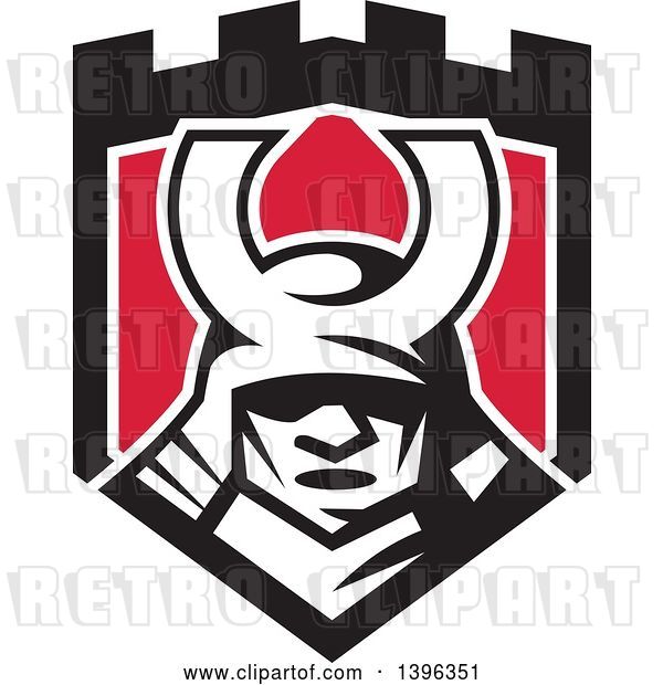Vector Clip Art of Retro Samurai Mask in a Black White and Red Shield