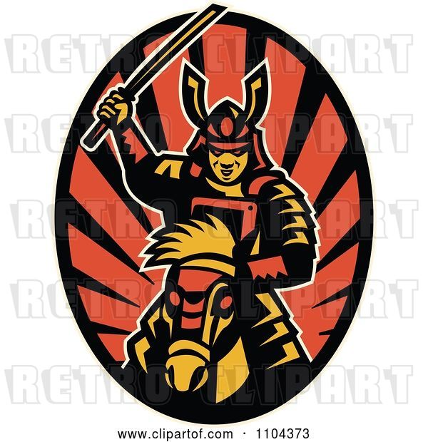 Vector Clip Art of Retro Samurai Warrior on Horseback with a Raised Katana Sword over Rays