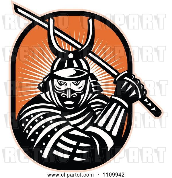 Vector Clip Art of Retro Samurai Warrior with a Katana Sword on Orange