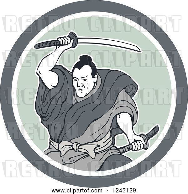 Vector Clip Art of Retro Samurai Warror Swinging a Katana Sword in a Circle