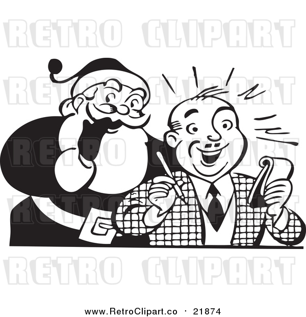 Vector Clip Art of Retro Santa Claus Beside Man with Pen and Paper - Black and White Version