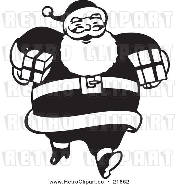 Vector Clip Art of Retro Santa Claus Carrying Gifts - Black and White Version