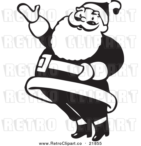 Vector Clip Art of Retro Santa Claus Presenting - Black and White Version