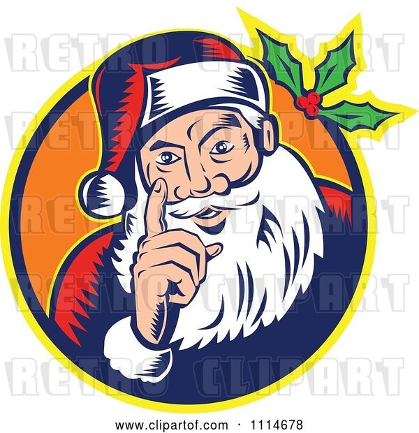 Vector Clip Art of Retro Santa Holding up a Finger in an Orange Circle with Holly