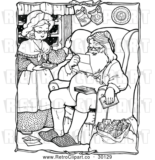 Vector Clip Art of Retro Santa with Mrs. Claus Reading Christmas Letters