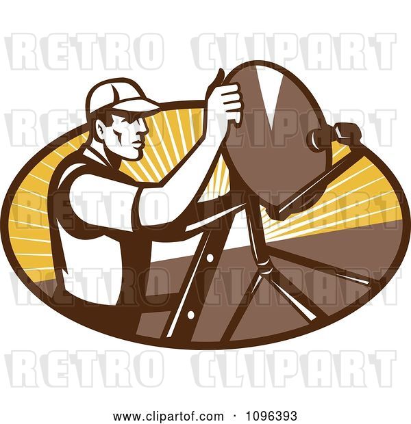 Vector Clip Art of Retro Satellite Dish Installer or Repair Guy over an Oval with Rays