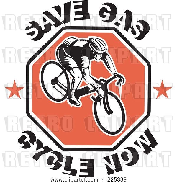 Vector Clip Art of Retro Save Gas Cycle Now Text Around a Bicyclist on a Red Octagon
