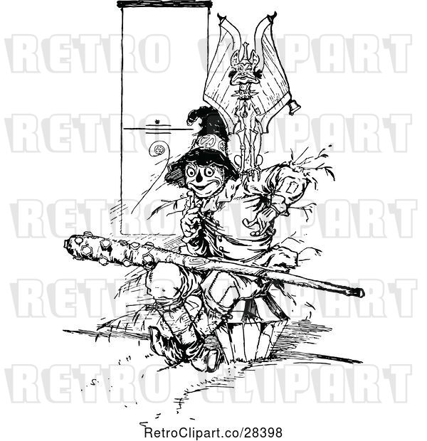 Vector Clip Art of Retro Scarecrow and Evil Flying Monkey