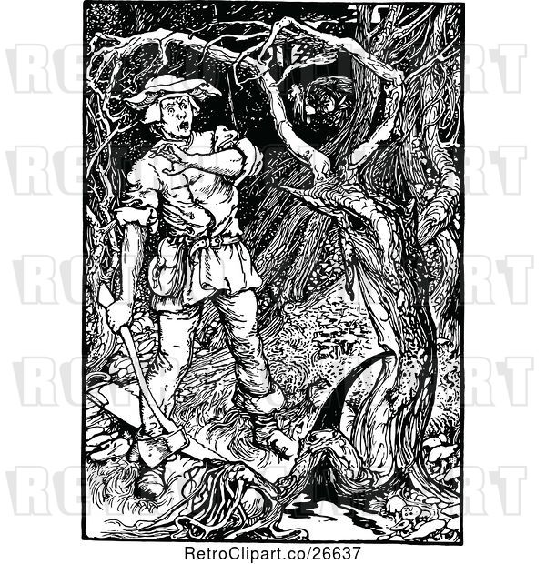 Vector Clip Art of Retro Scared Woodcutter and Tree Ent