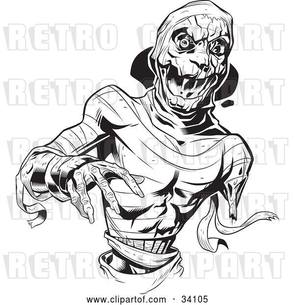 Vector Clip Art of Retro Scary Mummy with Loose Bandages, Reaching Forward
