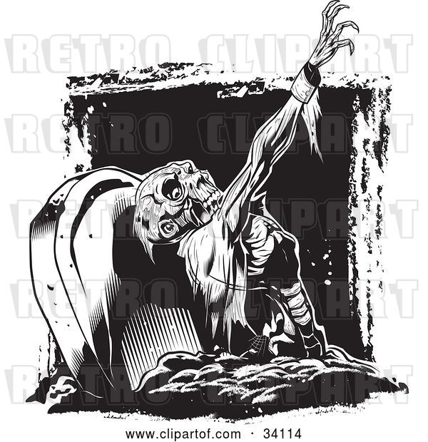 Vector Clip Art of Retro Scary Zombie Corpse Rising from the Grave in a Cemetery