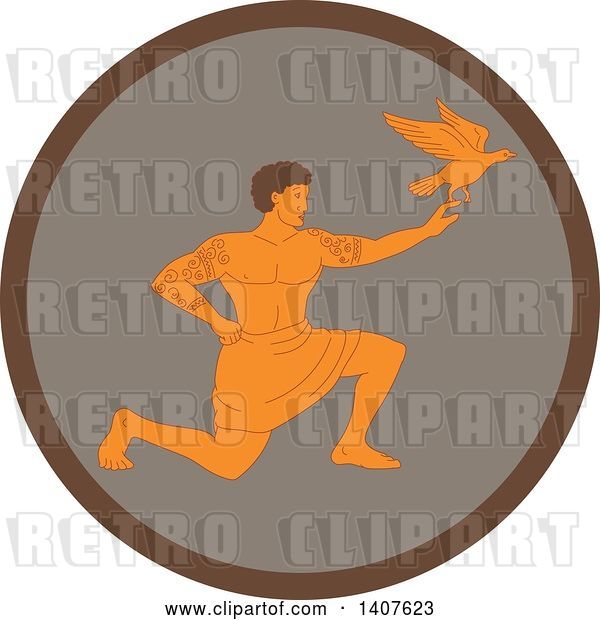 Vector Clip Art of Retro Scene of a Samoan God, Tagaloa, Kneeling and Releasing His Plover Bird Daughter in a Brown Circle