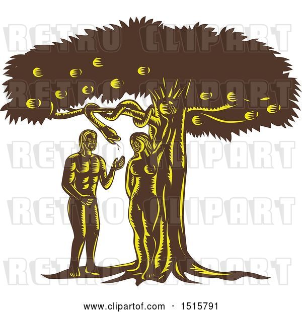 Vector Clip Art of Retro Scene of the Fall of Guy, Adam with Eve in Garden of Eden