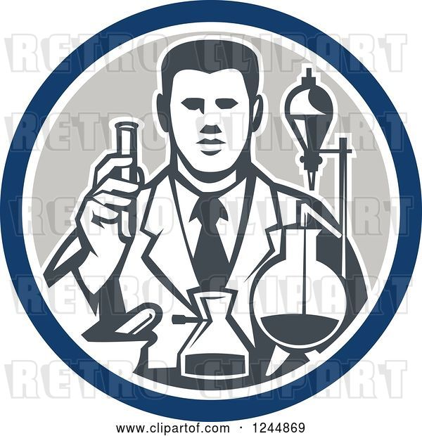 Vector Clip Art of Retro Scientist Working with Lab Equipment in a Circle