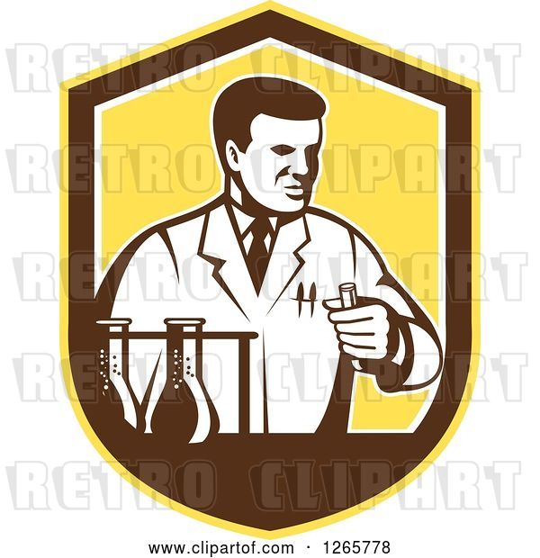 Vector Clip Art of Retro Scientist Working with Lab Equipment in a Yellow Brown and White Shield