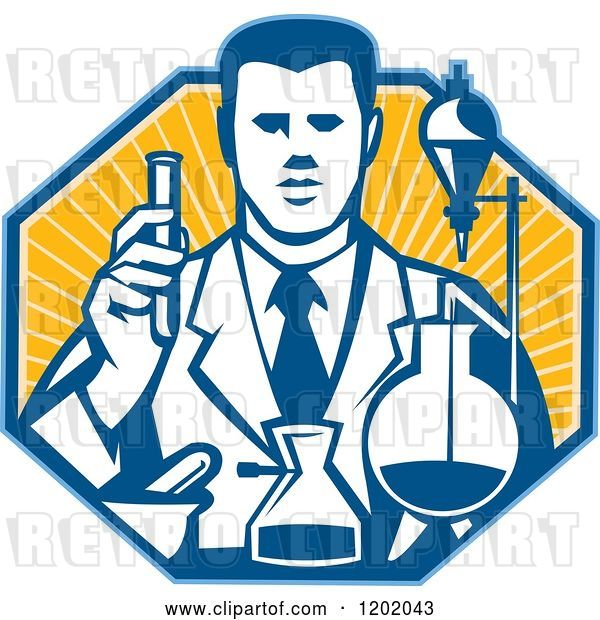 Vector Clip Art of Retro Scientist Working with Lab Equipment over a Ray Octagon