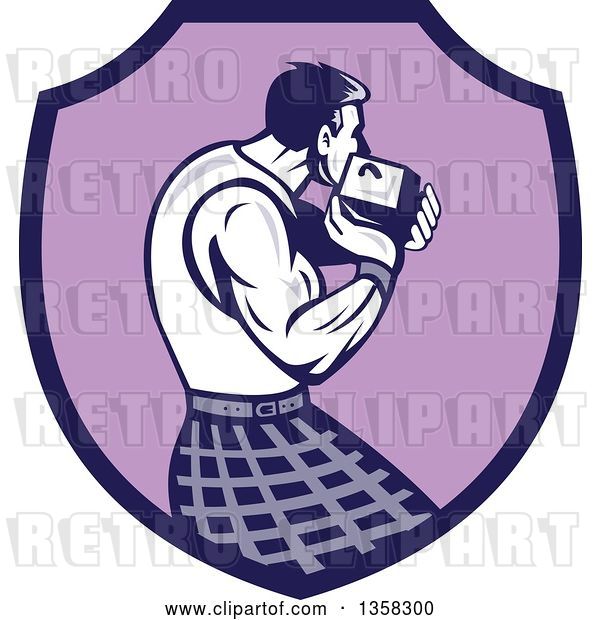 Vector Clip Art of Retro Scotsman Athlete Wearing a Kilt, Playing a Highland Weight Throwing Game in a Purple Shield
