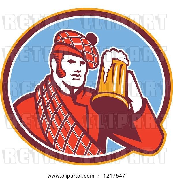 Vector Clip Art of Retro Scotsman in a Tartan, Drinking a Beer in a Blue Oval