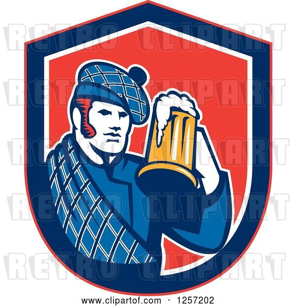 Vector Clip Art of Retro Scotsman in a Tartan, Holding a Beer in a Blue White and Red Shield