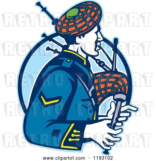 Vector Clip Art of Retro Scotsman Playing Bagpipes over a Blue Circle