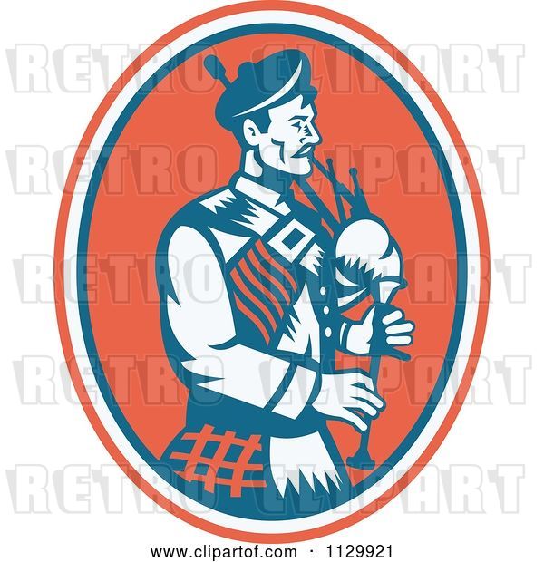 Vector Clip Art of Retro Scottish Bagpipe Guy in an Oval