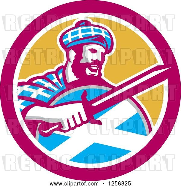 Vector Clip Art of Retro Scottish Highlander in a Tartan with a Sword and Shield in a Pink and Yellow Circle