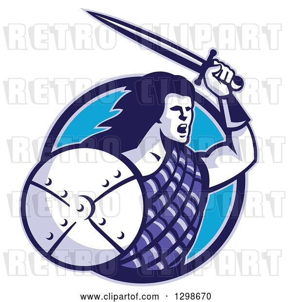 Vector Clip Art of Retro Scottish Highlander with a Sword and Shield in a Blue Circle
