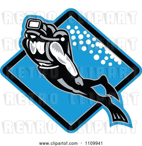 Vector Clip Art of Retro Scuba Diver Swimming over a Blue Diamond
