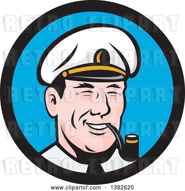 Vector Clip Art of Retro Sea Captain Smoking a Pipe in a Blue and Black Circle