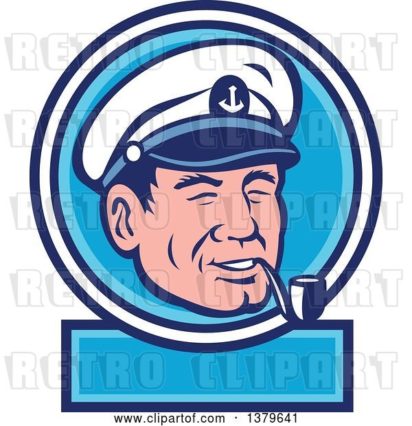 Vector Clip Art of Retro Sea Captain Smoking a Pipe in a Blue and White Label