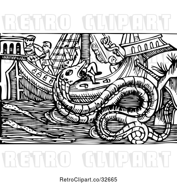 Vector Clip Art of Retro Sea Serpent Monster Attacking a Ship