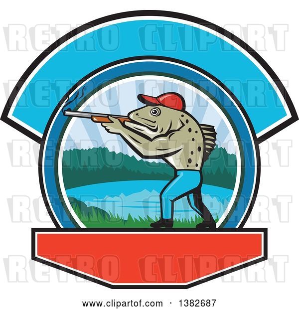 Vector Clip Art of Retro Sea Trout Fish Guy Hunter Holding a Shotgun over a Lake Scene