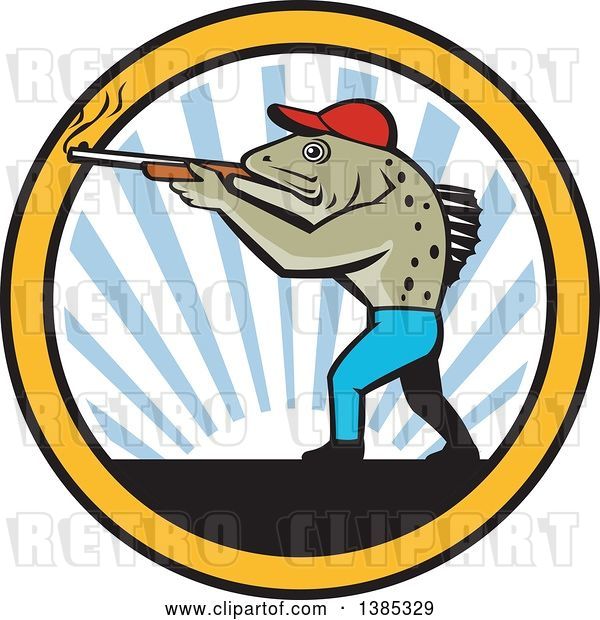 Vector Clip Art of Retro Sea Trout Fish Guy Hunter Shooting a Shotgun over a Sunset in a Circle
