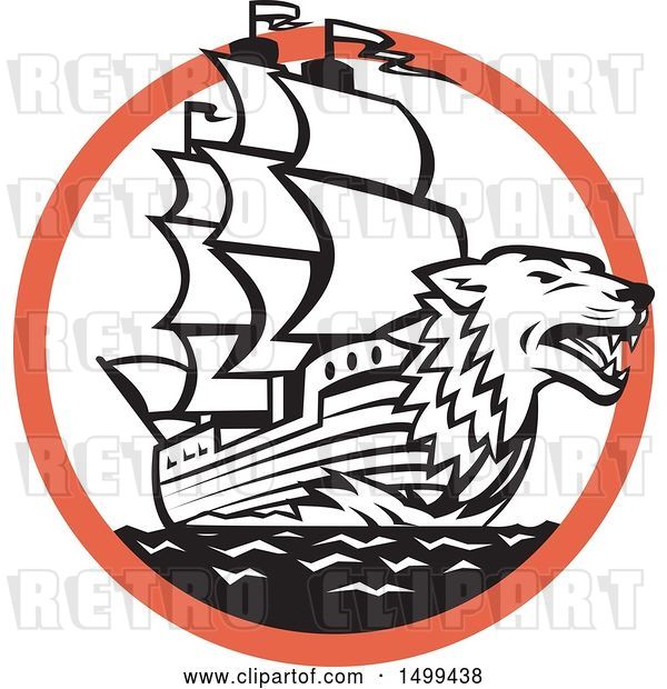 Vector Clip Art of Retro Sea Wolf Galleon Ship in a Black White and Orange Circle