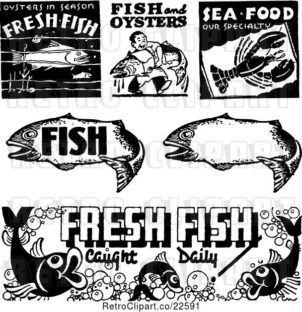 Vector Clip Art of Retro Seafood Signs