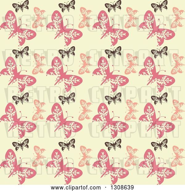 Vector Clip Art of Retro Seamless Background of a Black and Pink Butterfly Pattern on Pastel Yellow