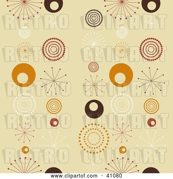 Vector Clip Art of Retro Seamless Background of White, Brown, Red and Orange Bursts and Circles on Beige