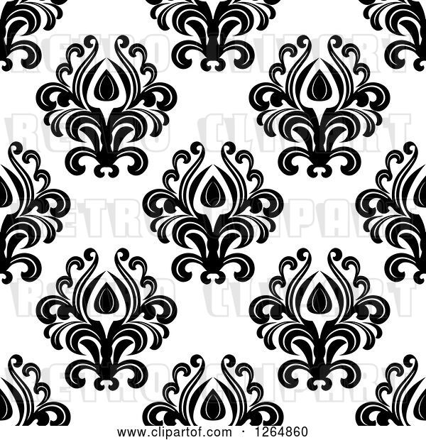 Vector Clip Art of Retro Seamless Background Pattern of Black Floral Damask on White
