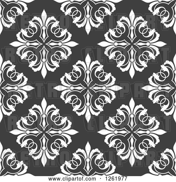 Vector Clip Art of Retro Seamless Background Pattern of Floral Diamonds on Gray